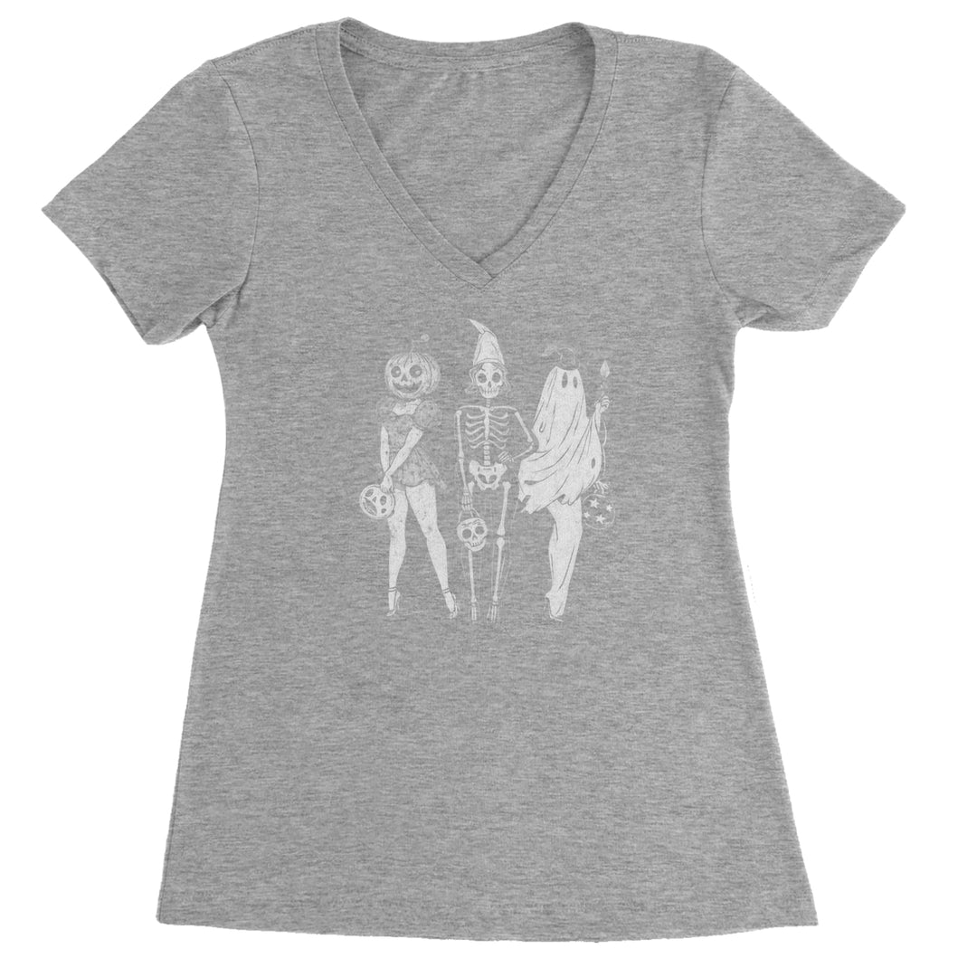 Vintage Spooky Squad Pinup Halloween Design Ladies V-Neck T-shirt Heather Grey