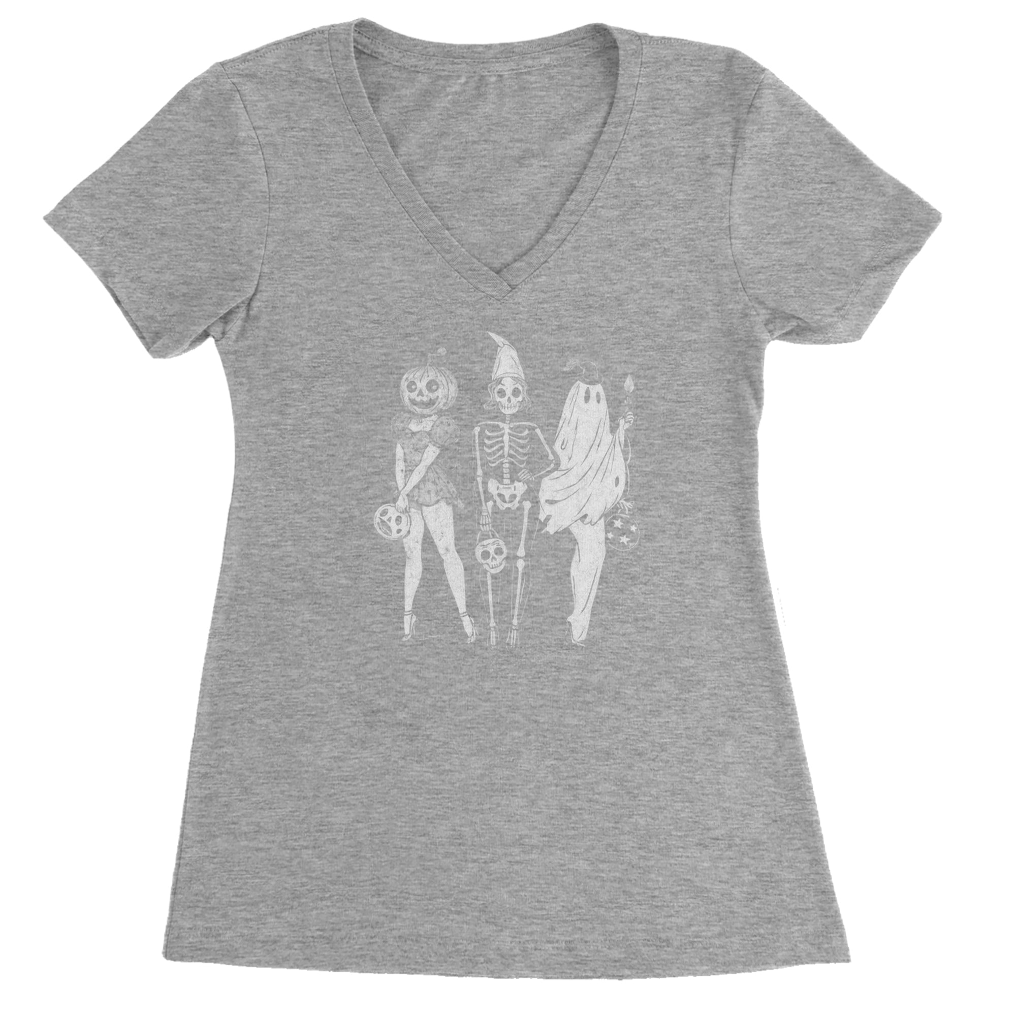 Vintage Spooky Squad Pinup Halloween Design Ladies V-Neck T-shirt Heather Grey