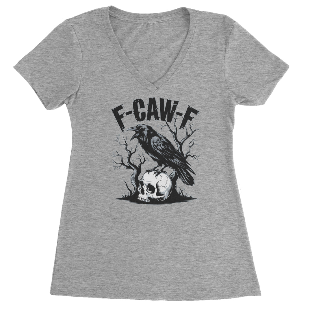 F-Caw-F Crow On Skull F-ck Off Gothic Ladies V-Neck T-shirt Heather Grey