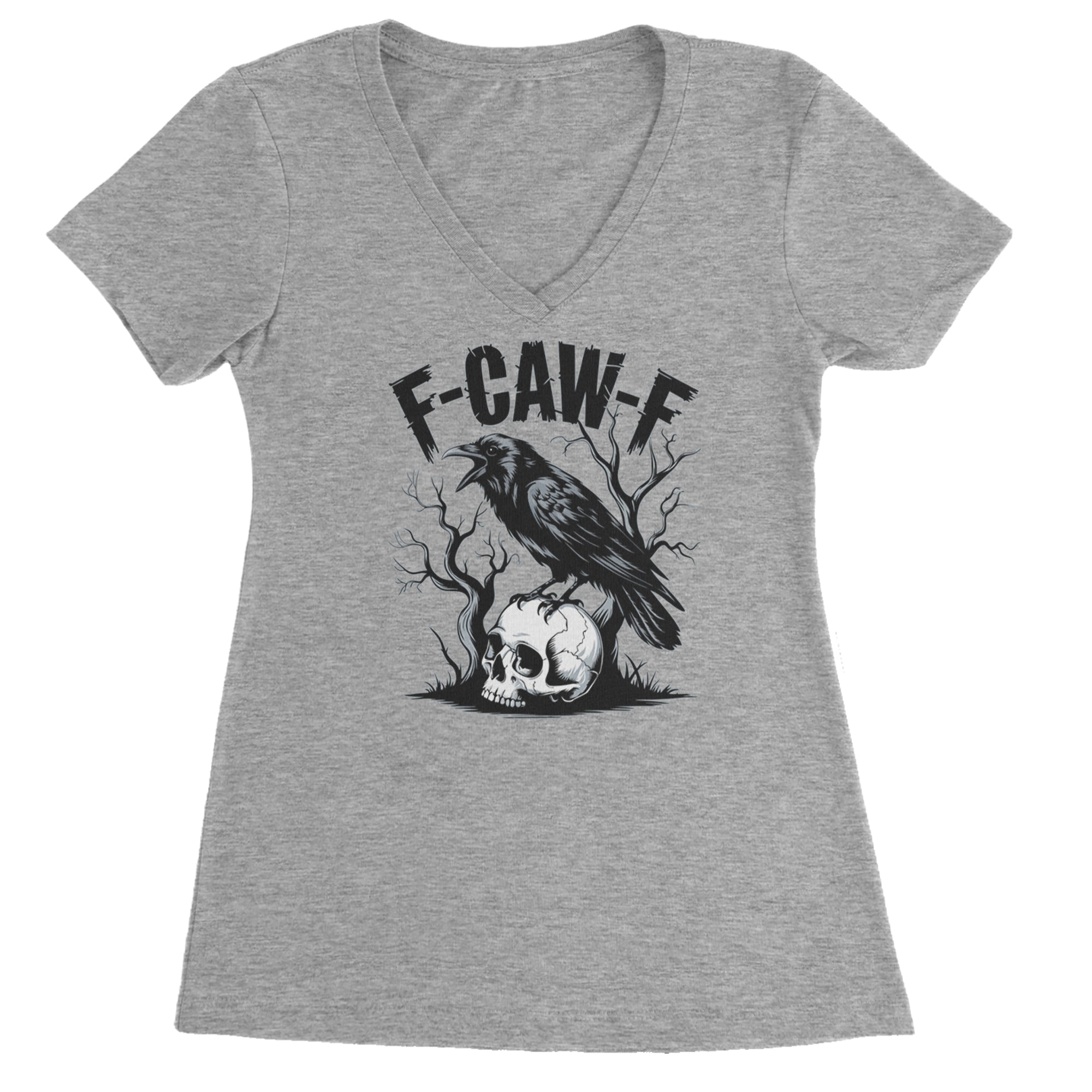 F-Caw-F Crow On Skull F-ck Off Gothic Ladies V-Neck T-shirt Heather Grey