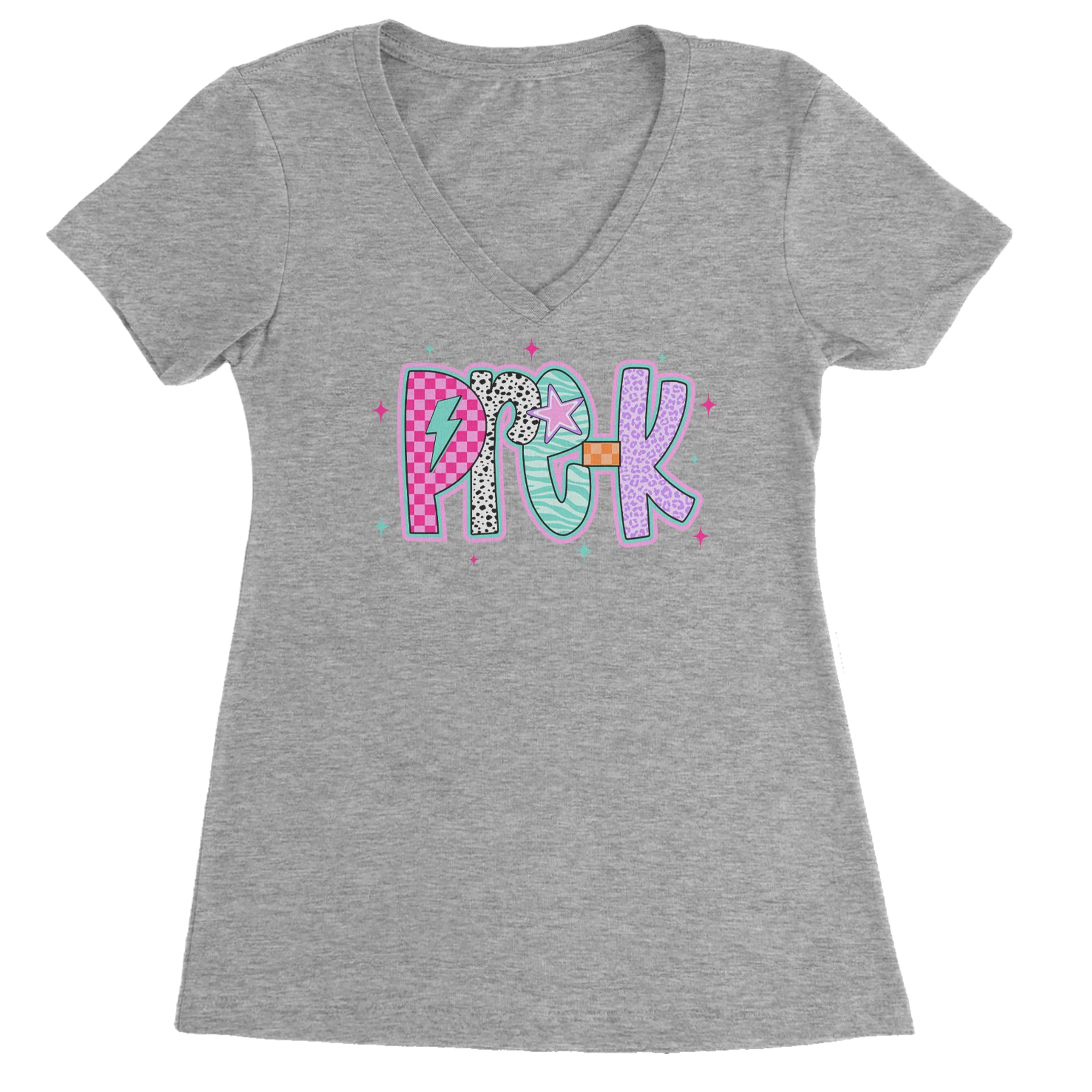 Pre-K Party Time Colorful Back to School Ladies V-Neck T-shirt Heather Grey