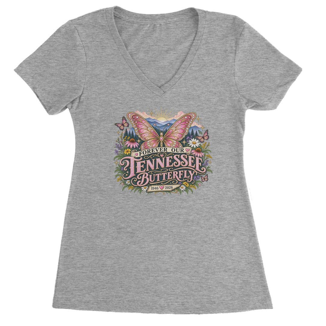 Forever Our Tennessee Butterfly Dolly Ladies V-Neck T-shirt Heather Grey
