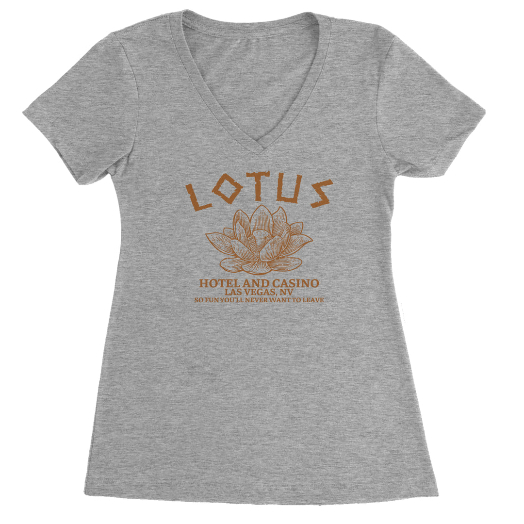 Lotus Hotel and Casino Ladies V-Neck T-shirt Heather Grey
