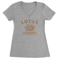 Lotus Hotel and Casino Ladies V-Neck T-shirt Heather Grey