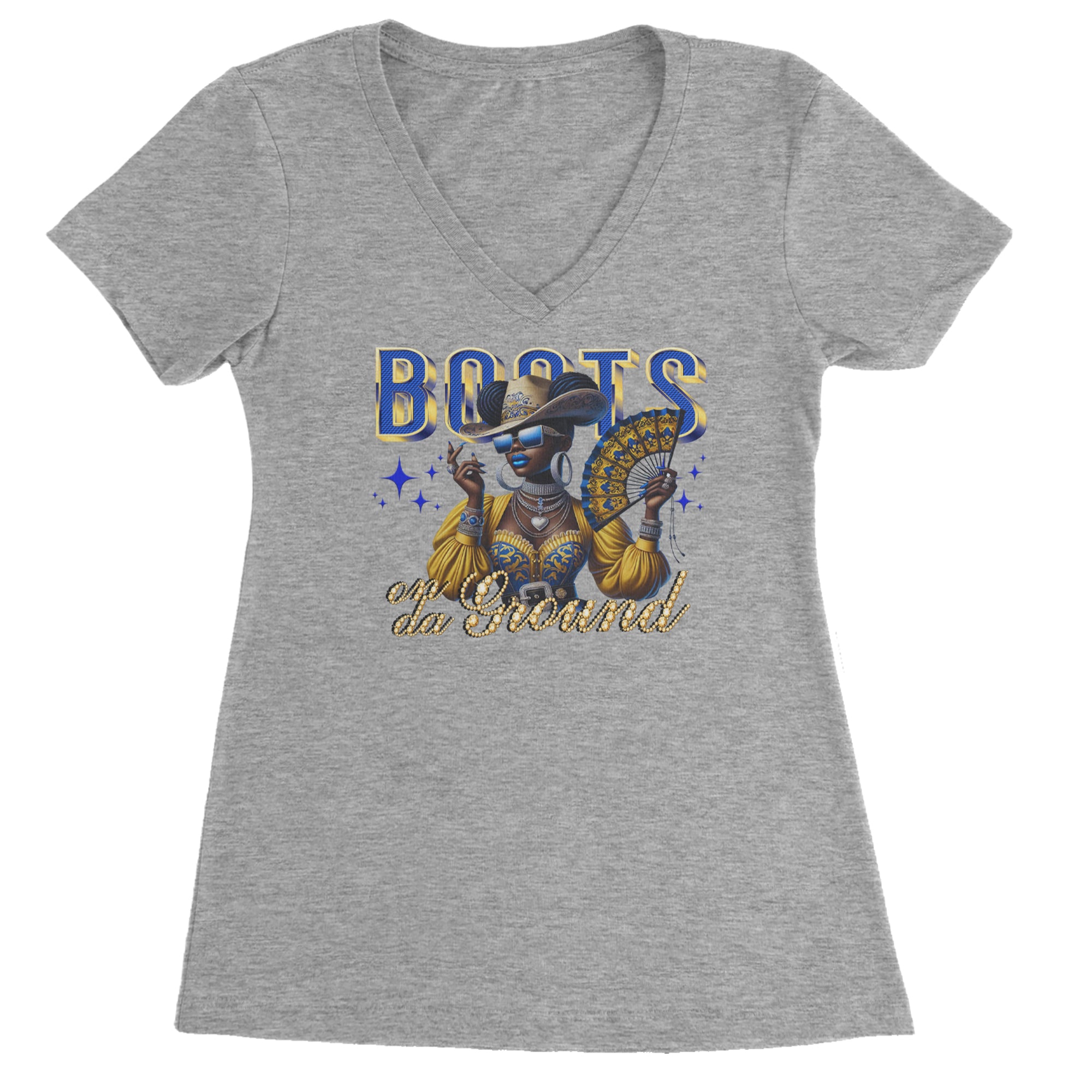 Boots On Da Ground Folding Fan Ladies V-Neck T-shirt Heather Grey