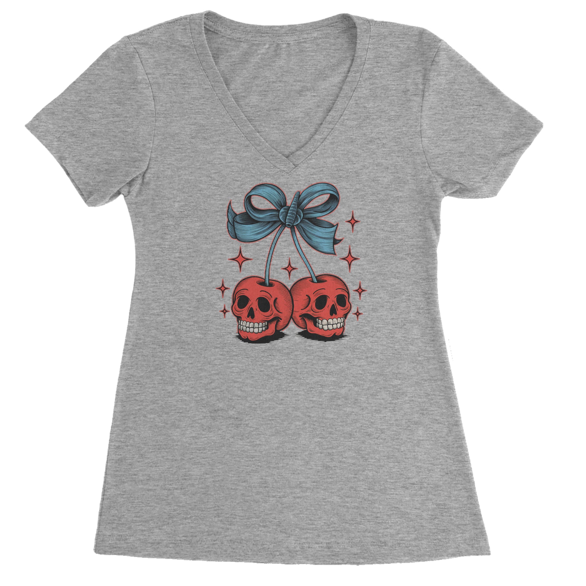 Cherry Skulls Retro Tattoo Ladies V-Neck T-shirt Heather Grey