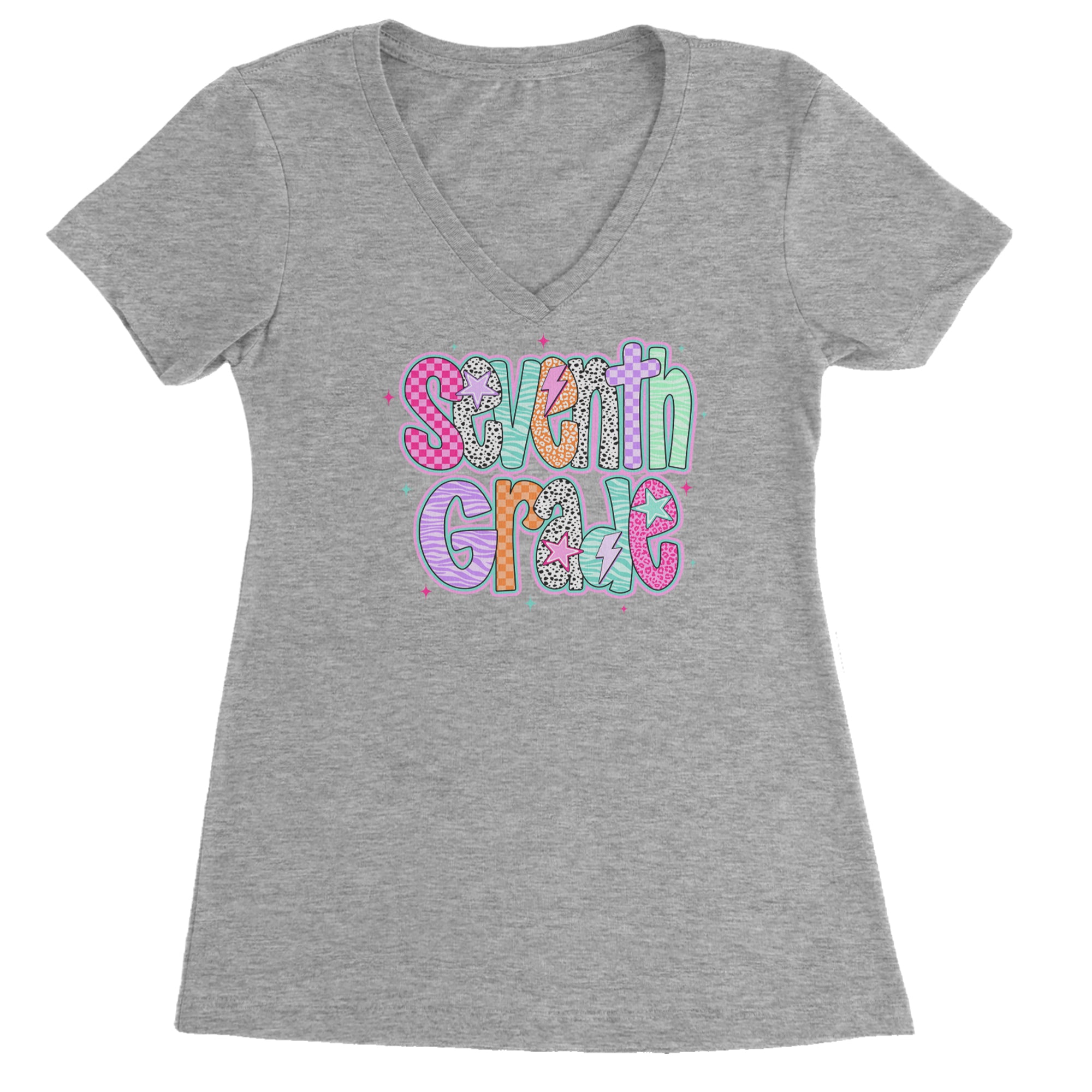 Seventh Grade Swagger Colorful Back to School Ladies V-Neck T-shirt Heather Grey