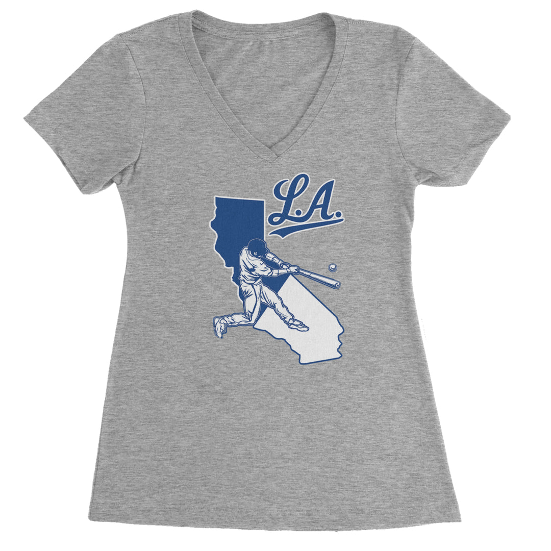 Los Angeles Baseball Batter Up Ladies V-Neck T-shirt Heather Grey
