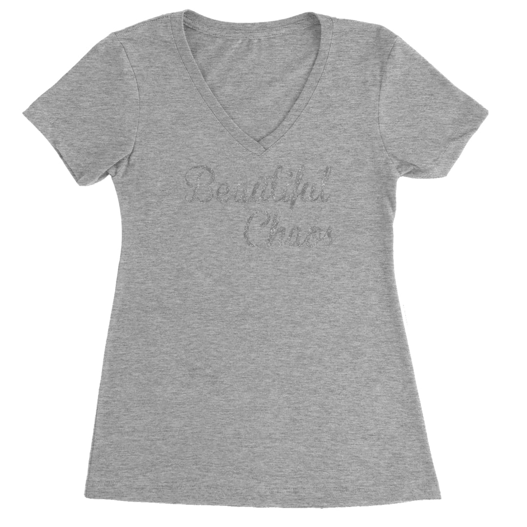 Beautiful Chaos Glitter Music Festival Ladies V-Neck T-shirt Heather Grey