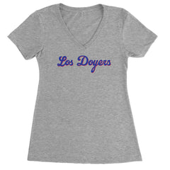 Los Doyers LA Baseball Ladies V-Neck T-shirt Heather Grey