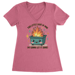 This Little Light of Mine Dumpster Fire Smile Face graphic on Women's Lightweight V-Neck T-Shirt in Hot Pink
