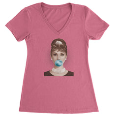 Audrey Hepburn Chewing Bubble Gum American Icon Ladies V-Neck T-shirt Hot Pink