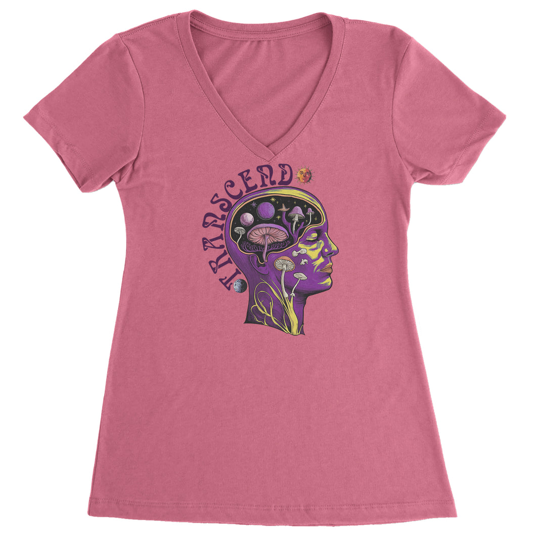 Psychedelic Cosmic Mushroom Head Ladies V-Neck T-shirt Hot Pink