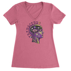 Psychedelic Cosmic Mushroom Head Ladies V-Neck T-shirt Hot Pink