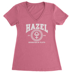 Hazel Daughter of Pluto Roman Gold Ladies V-Neck T-shirt Hot Pink