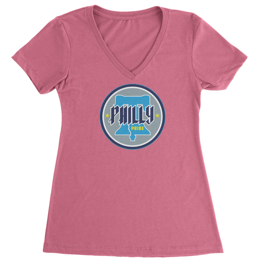Philly Pride Liberty Bell graphic on Women's Lightweight V-Neck T-Shirt in Hot Pink