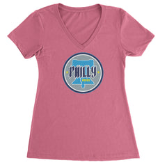Philly Pride Liberty Bell graphic on Women's Lightweight V-Neck T-Shirt in Hot Pink