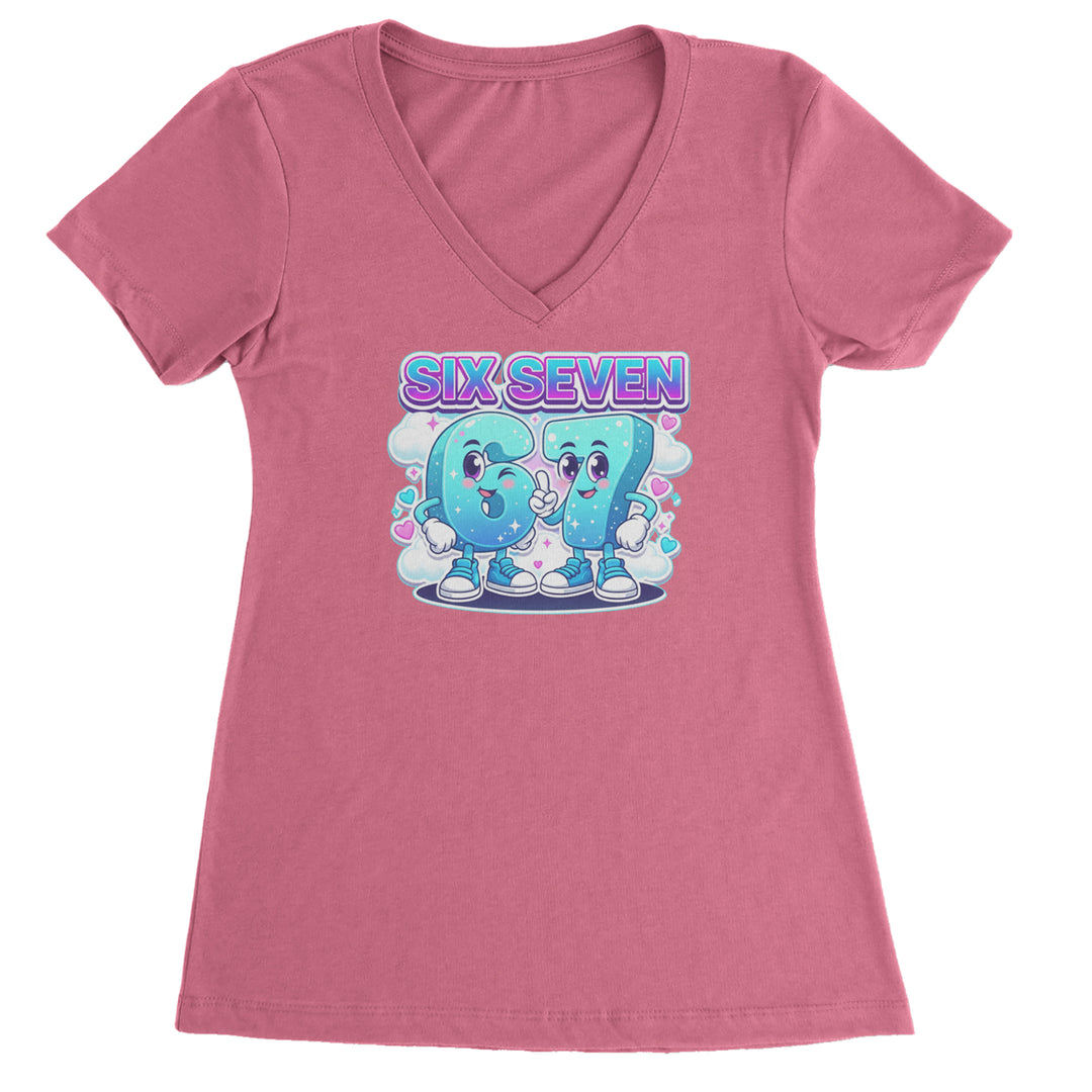 67 Six Seven Meme Kawaii Cloud Ladies V-Neck T-shirt Hot Pink