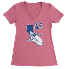 Los Angeles Baseball Batter Up Ladies V-Neck T-shirt Hot Pink