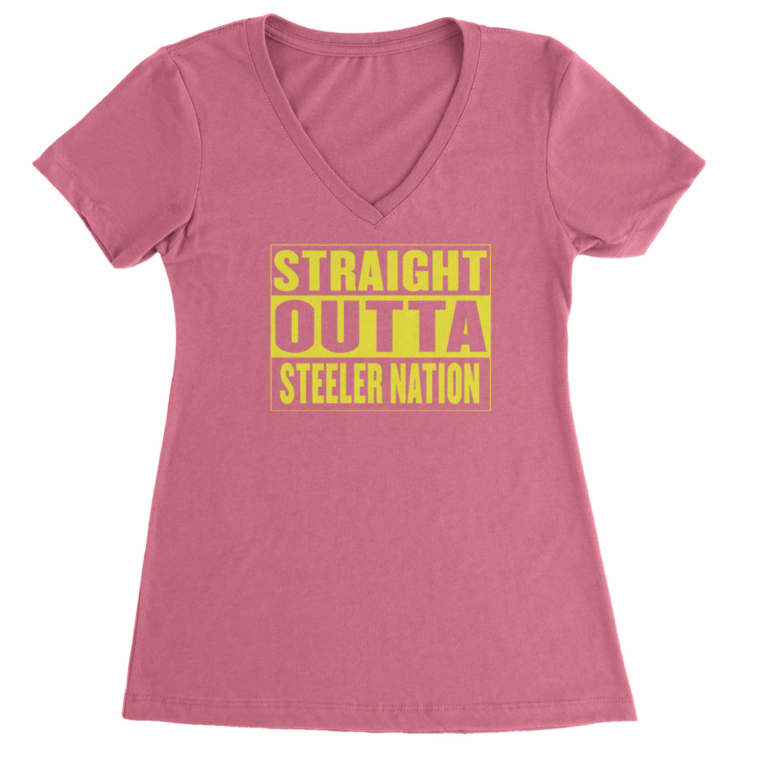 Straight Outta Steeler Nation Football  Ladies V-Neck T-shirt Hot Pink