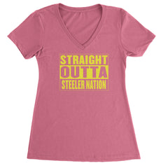 Straight Outta Steeler Nation Football  Ladies V-Neck T-shirt Hot Pink