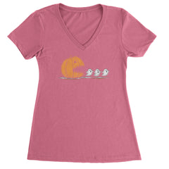 Pumpkin Pacman Chasing Ghosts Halloween Ladies V-Neck T-shirt Hot Pink