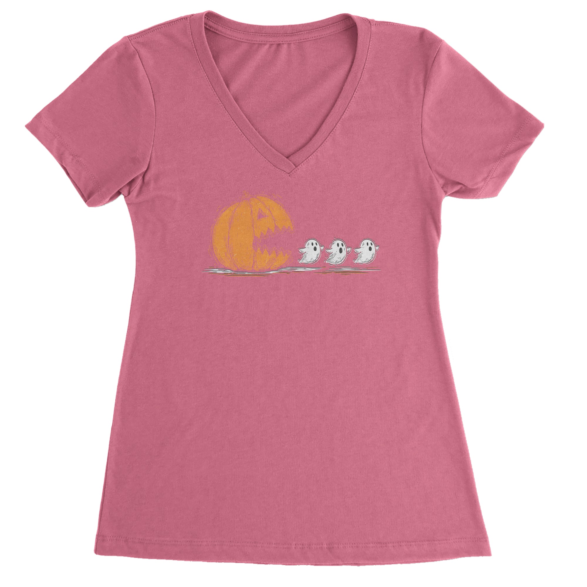 Pumpkin Pacman Chasing Ghosts Halloween Ladies V-Neck T-shirt Hot Pink
