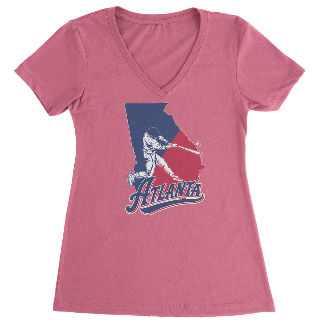 Atlanta Georgia Batter Up Ladies V-Neck T-shirt Hot Pink