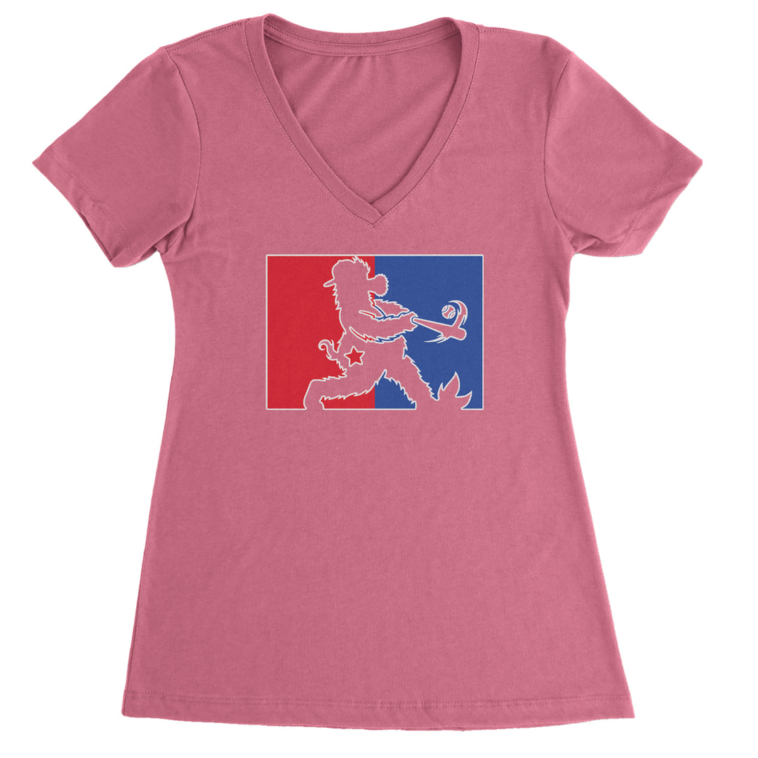 Batter Up Philly Baseball Phan Ladies V-Neck T-shirt Hot Pink
