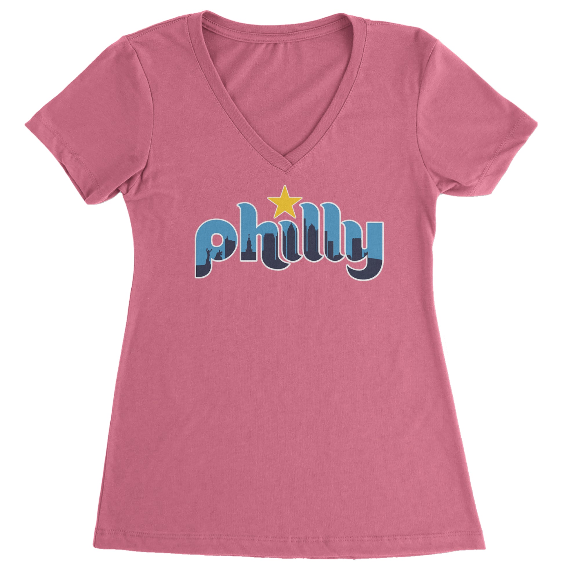 Skyline Philly Philadelphia Ladies V-Neck T-shirt Hot Pink