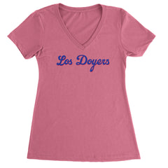 Los Doyers LA Baseball Ladies V-Neck T-shirt Hot Pink