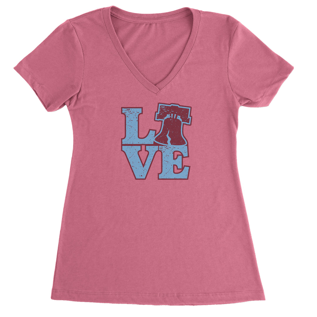 Love Philly Liberty Bell Ladies V-Neck T-shirt Hot Pink
