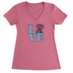 Love Philly Liberty Bell Ladies V-Neck T-shirt Hot Pink