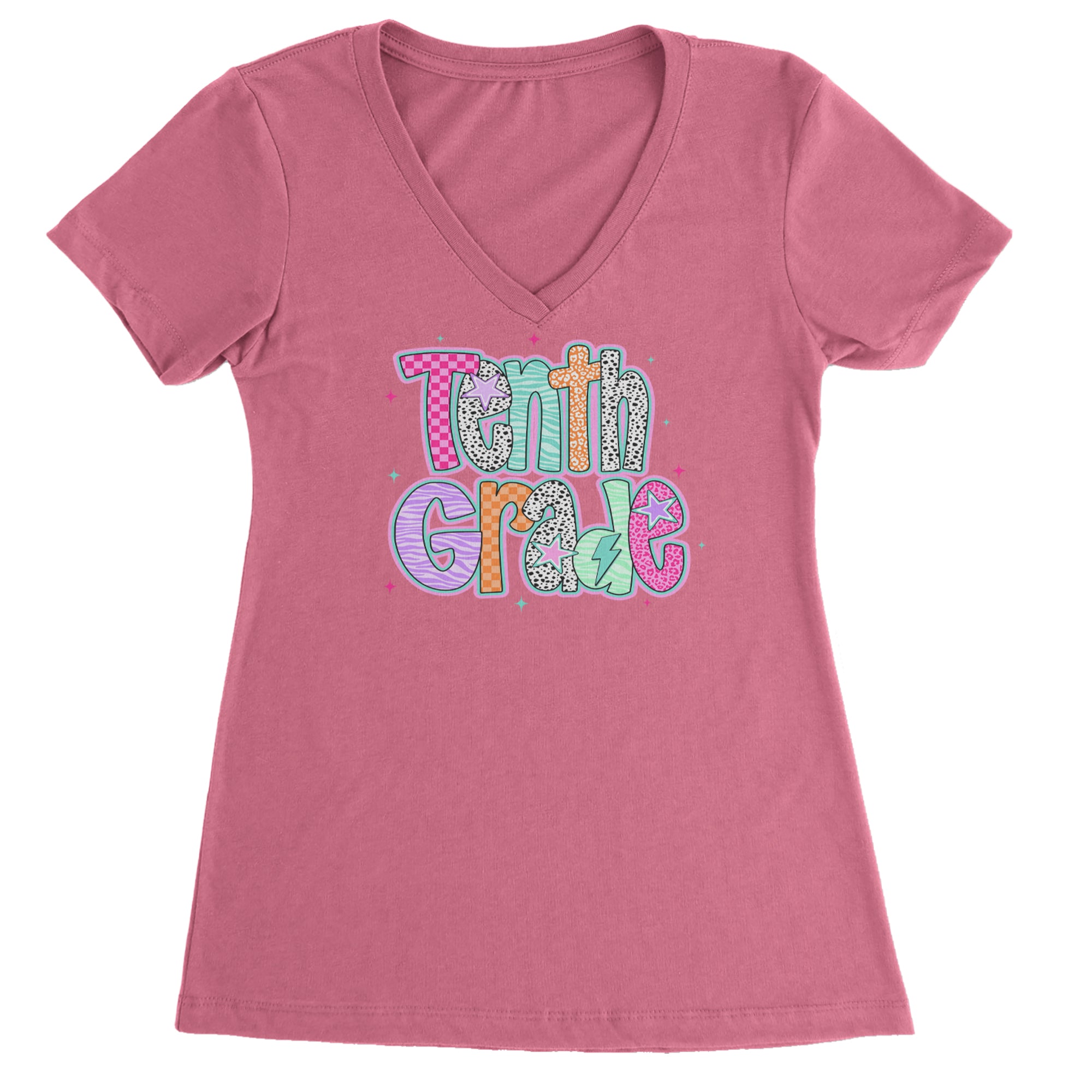 Tenth Grade Trendsetter Colorful Back to School Ladies V-Neck T-shirt Hot Pink