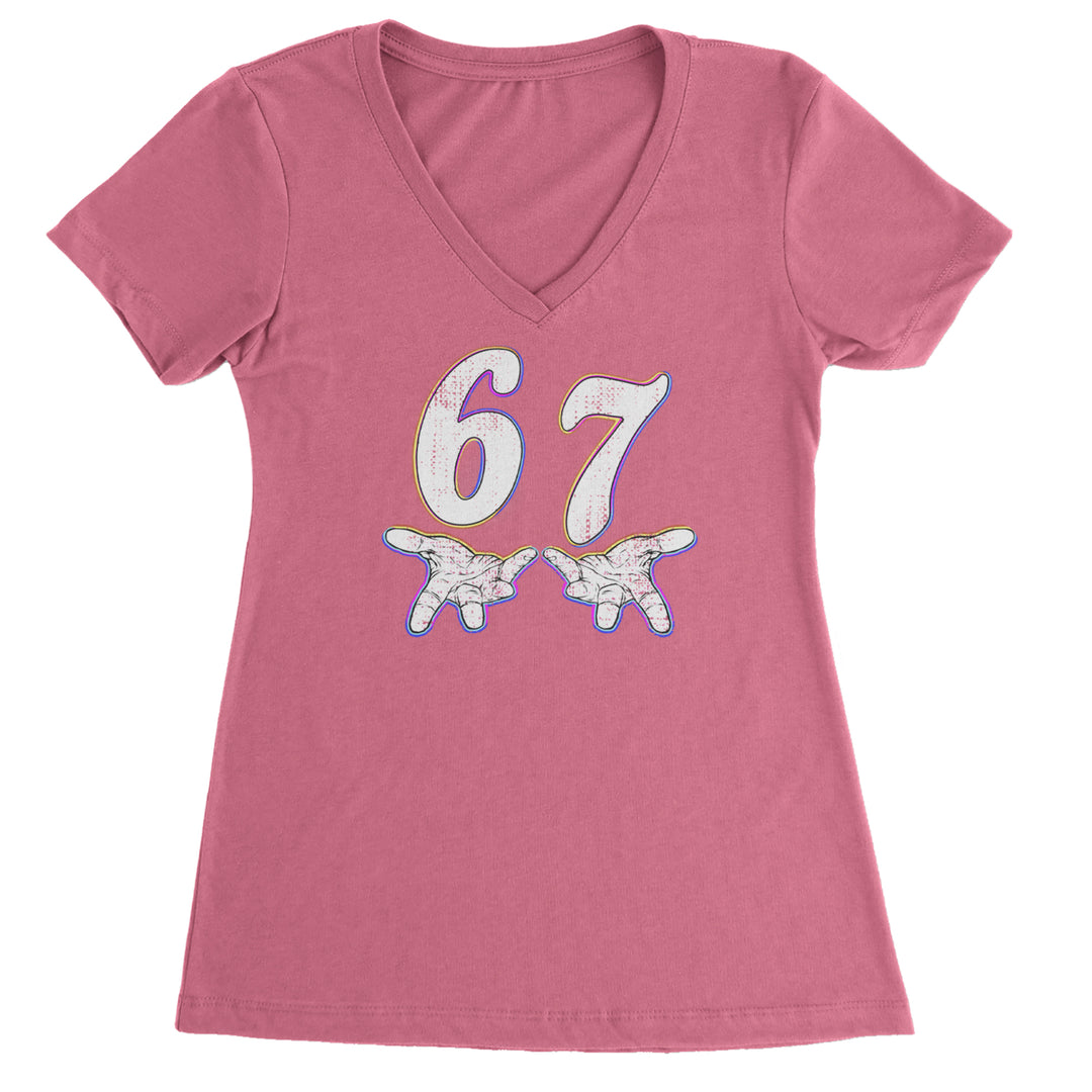 67 Hands Meme Viral Drill Ladies V-Neck T-shirt Hot Pink
