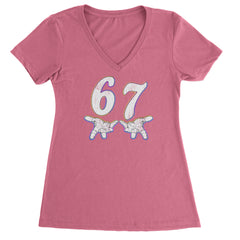 67 Hands Meme Viral Drill Ladies V-Neck T-shirt Hot Pink