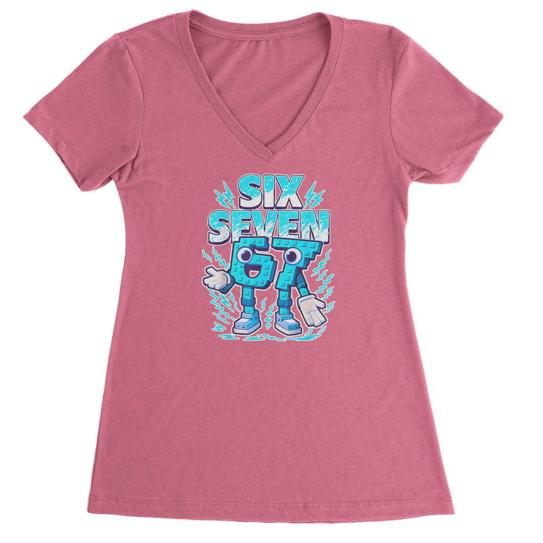 67 Brainrot Meme Slang Ladies V-Neck T-shirt Hot Pink