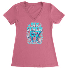 67 Brainrot Meme Slang Ladies V-Neck T-shirt Hot Pink