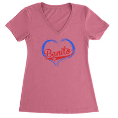 Benito Heart Puerto Rico Ladies V-Neck T-shirt Hot Pink
