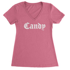 Candy Gothic Lettering Ladies V-Neck T-shirt Hot Pink
