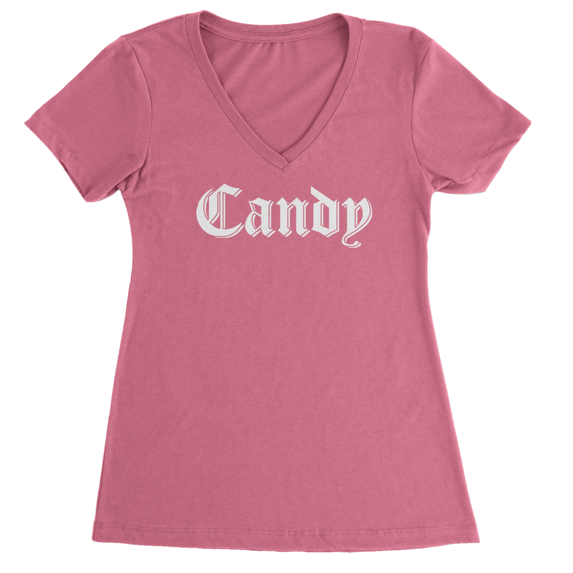 Candy Gothic Lettering Ladies V-Neck T-shirt Hot Pink