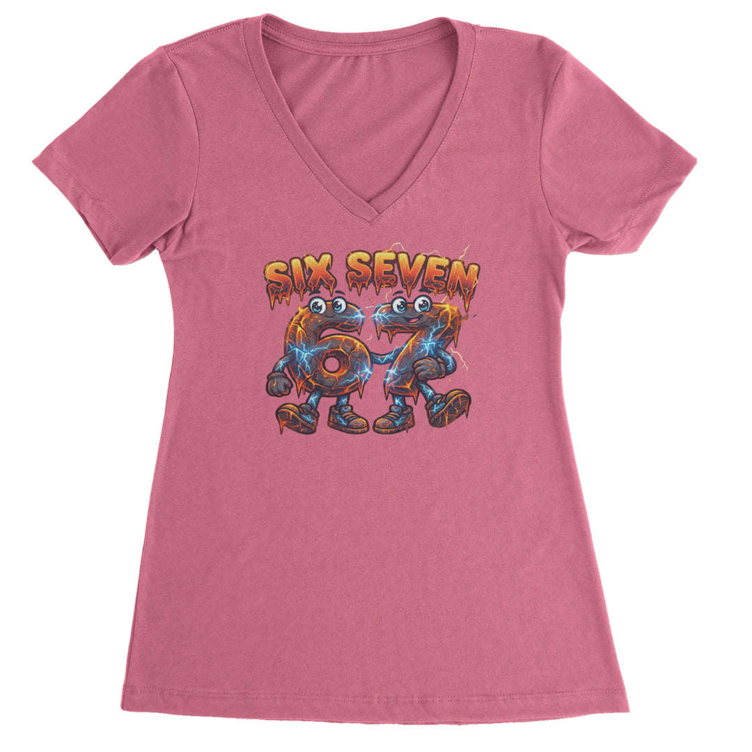 67 Lava Lightning Six Seven Meme Ladies V-Neck T-shirt Hot Pink