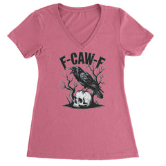 F-Caw-F Crow On Skull F-ck Off Gothic Ladies V-Neck T-shirt Hot Pink