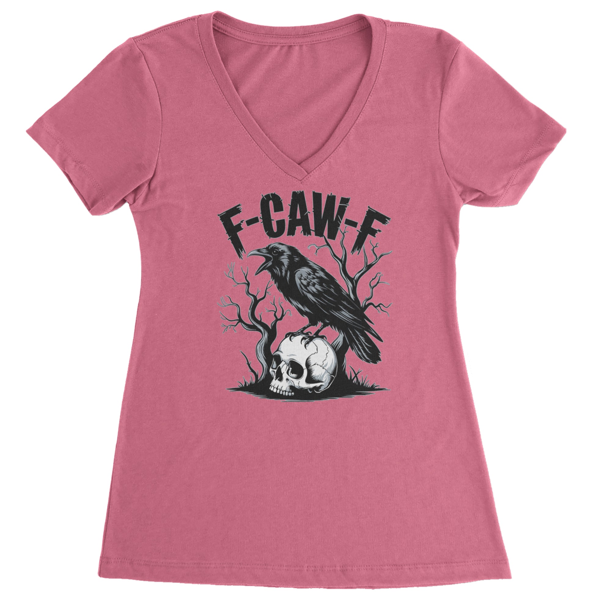 F-Caw-F Crow On Skull F-ck Off Gothic Ladies V-Neck T-shirt Hot Pink