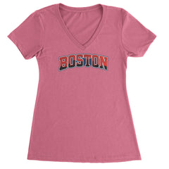Boston City Pride Skyline Ladies V-Neck T-shirt Hot Pink