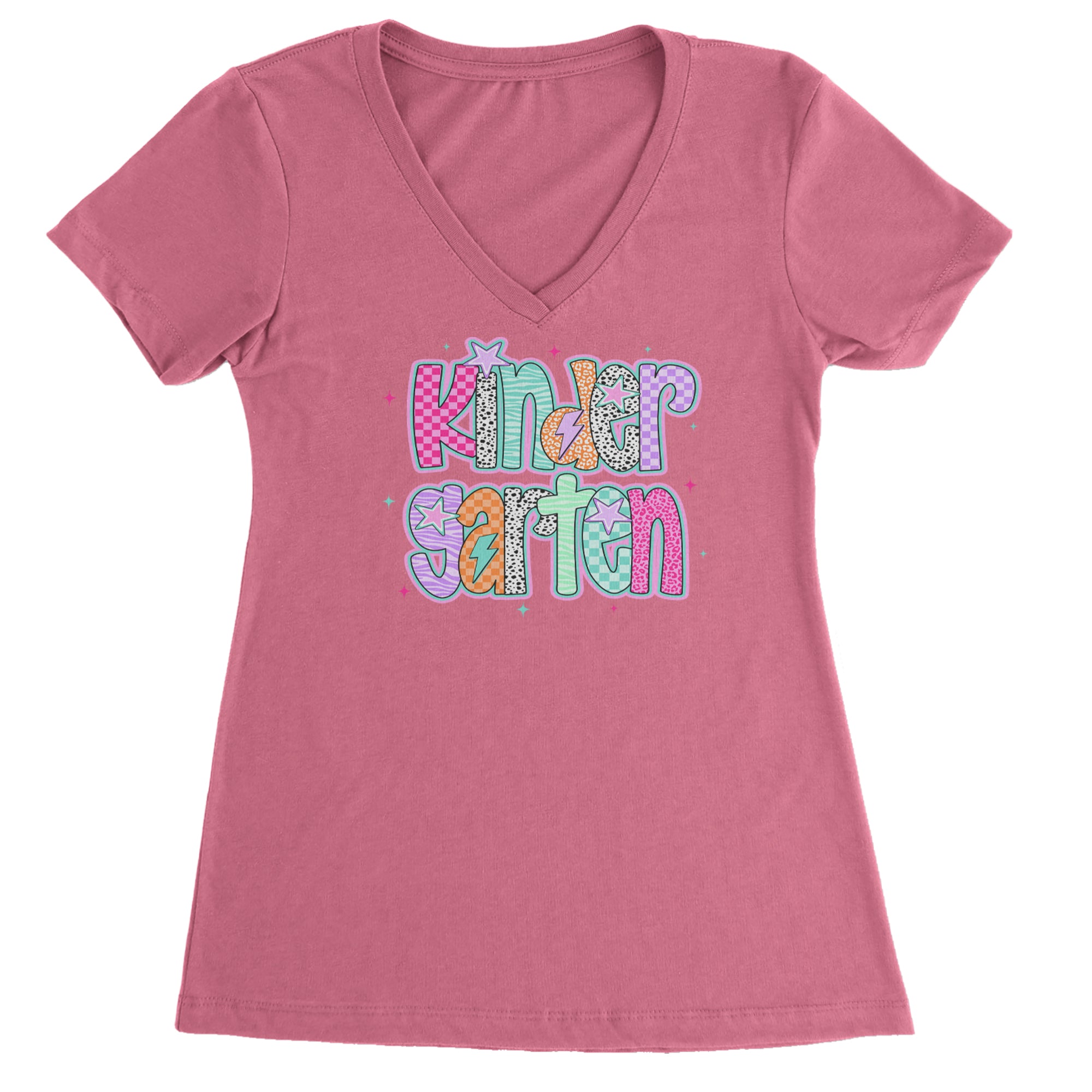 Kindergarten Cutie Colorful Back to School Ladies V-Neck T-shirt Hot Pink