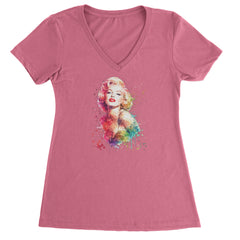 Mrs. Monroe Watercolors Bombshell Ladies V-Neck T-shirt Hot Pink