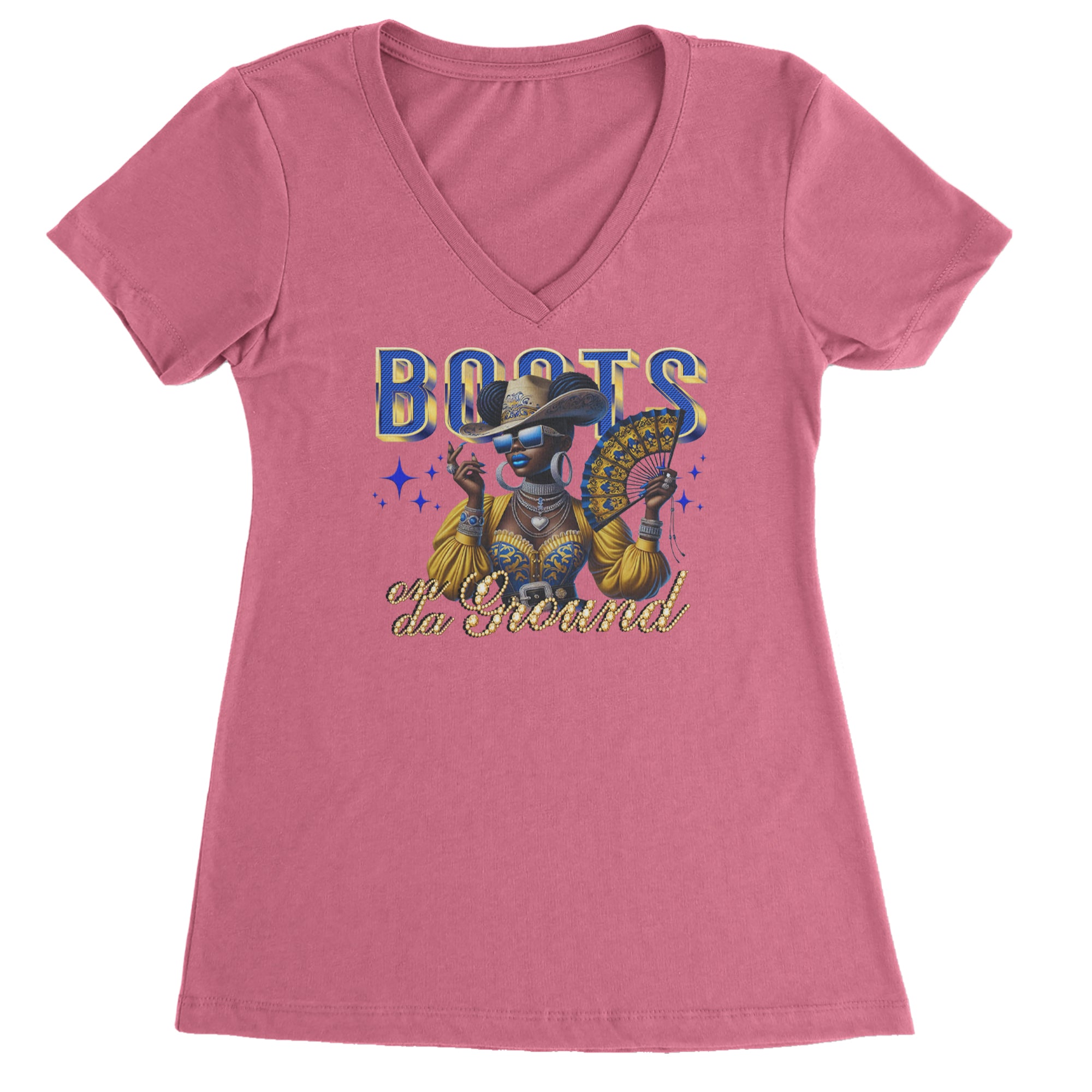 Boots On Da Ground Folding Fan Ladies V-Neck T-shirt Hot Pink