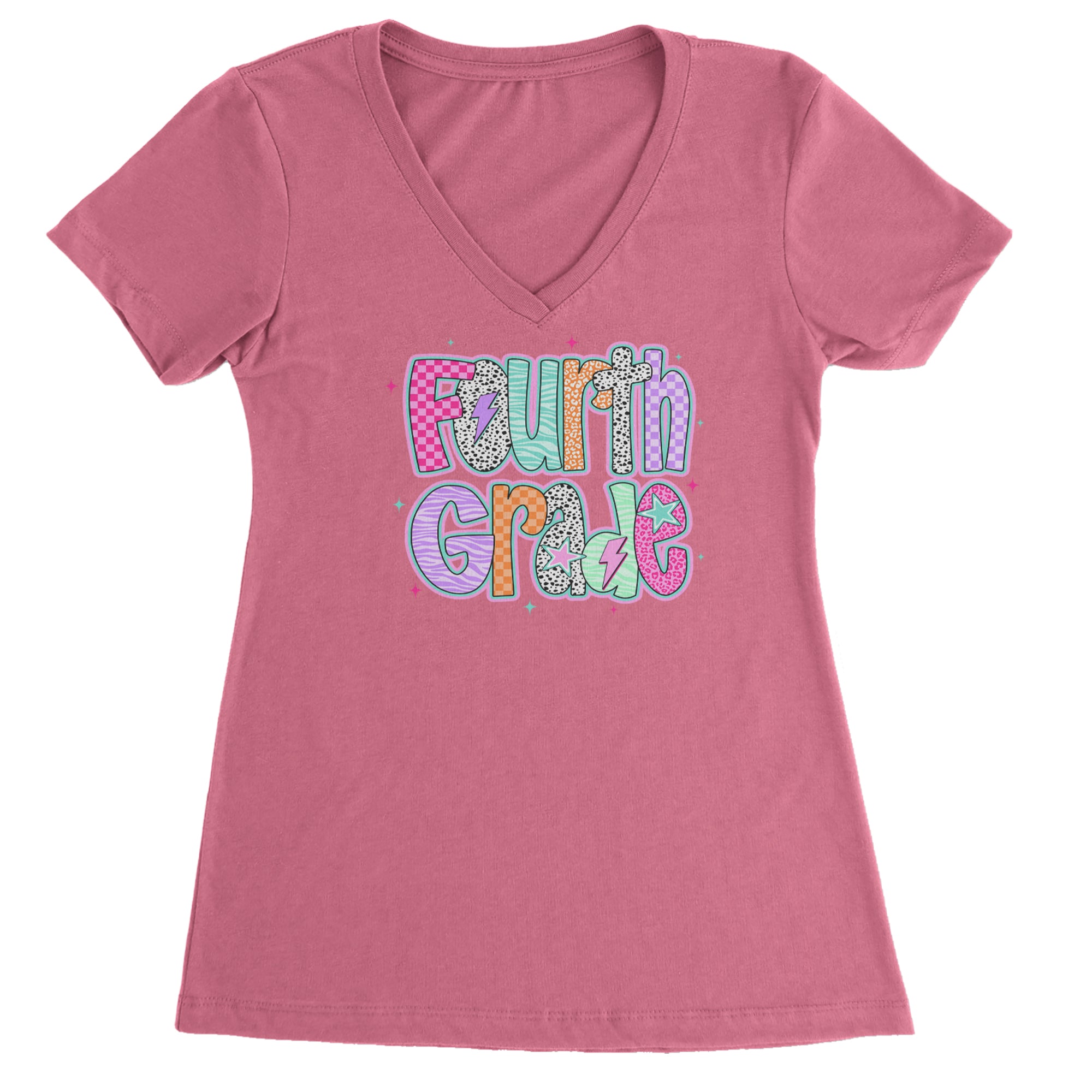 Fourth Grade Fierce Colorful Back to School Ladies V-Neck T-shirt Hot Pink