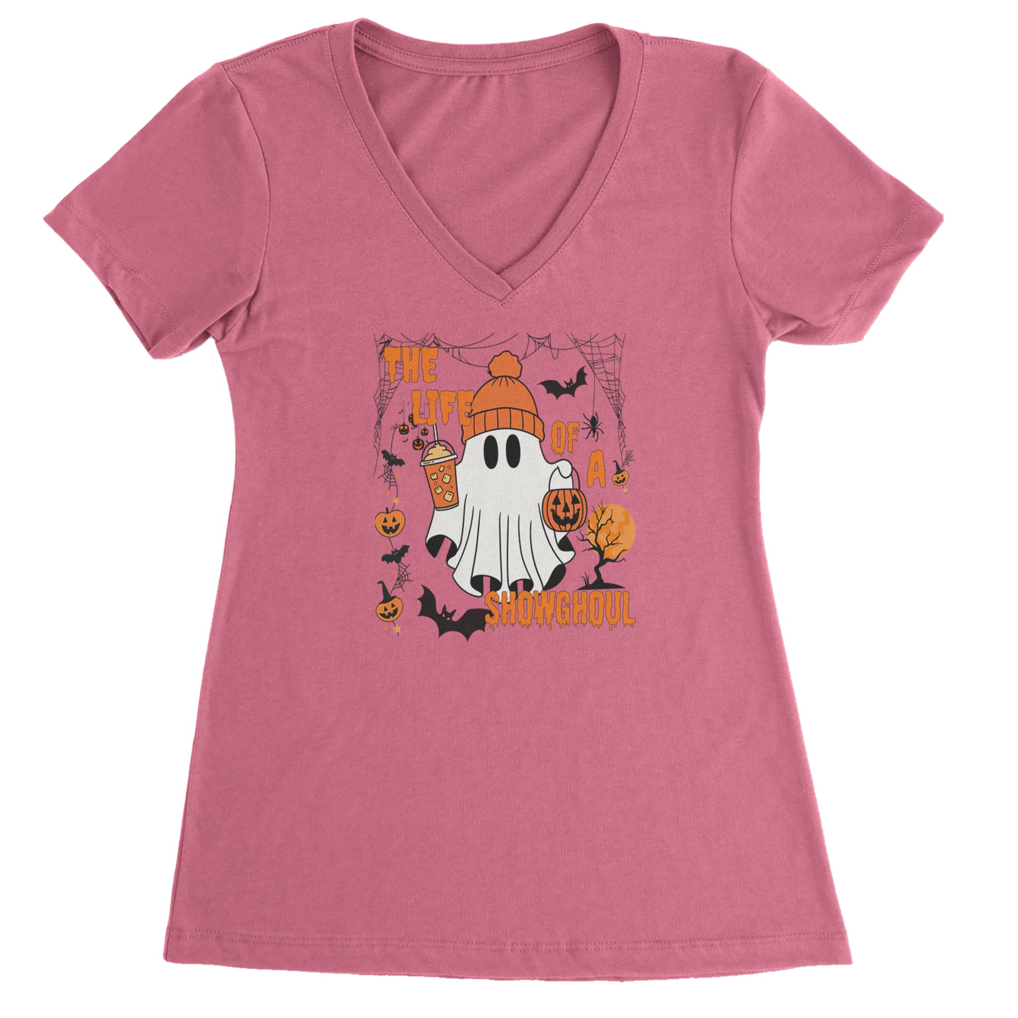Life of a Showghoul Halloween Showgirl Vibes Ladies V-Neck T-shirt Hot Pink